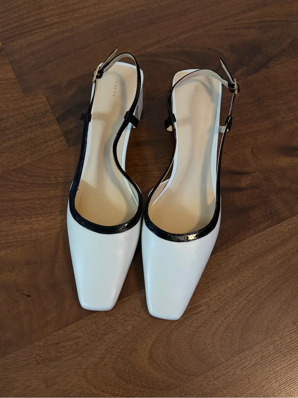 Maeve White Pointed Slingback Block Heel with Black Trim